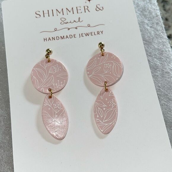 Handmade Polymer Clay Dangle Earrings Pink White - Picture 2 of 3